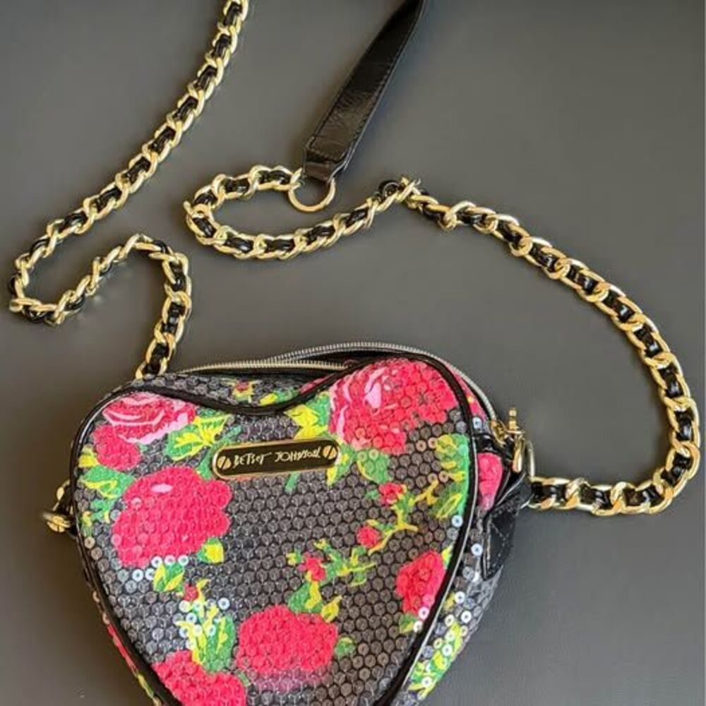 Betsey Johnson Heart Crossbody Bag in Black Sequin Rose Novelty Collection